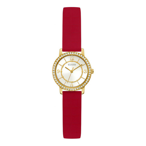 Reloj Para Mujer Guess Mini Nova Color Negro Gw0246l3 Color Del Fondo Plateado Color De La Correa Rojo Color Del Bisel Dorado