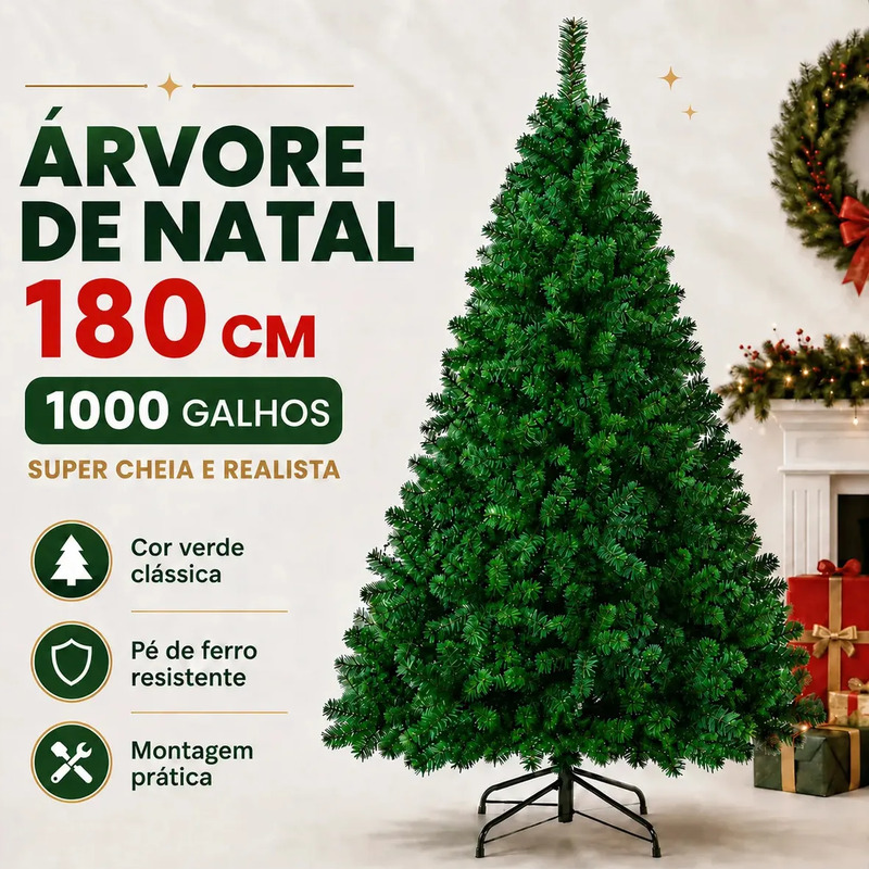 Árvore de Natal Verde Premium 180 cm com 1000 Galhos Cheios e Pé de Ferro Atelier Enovelada Árvore de Natal Verde Premium 180 cm com 1000 Galhos Cheios e Pé de Ferro Atelier Enovelada