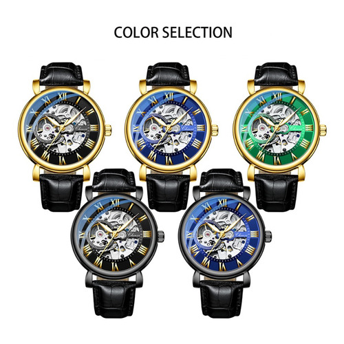 Relojes De Esqueleto Mecánico De Cuero Chenxi Color Del Fondo Azul