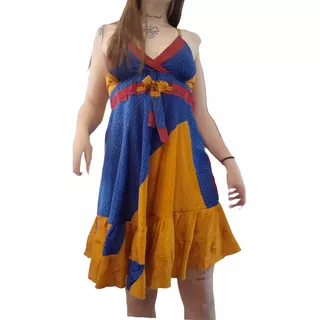 Vestido De Seda Hindú Corto - Azul Amarillo