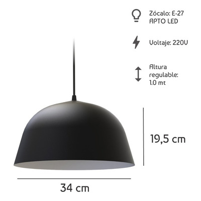 Lampara Colgante Campana Nórdico Bell 15 Negro Apto Led E27 