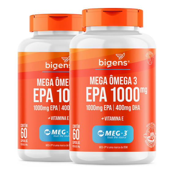 Kit 2x Mega Omega 3 Meg-3, Epa 1000 mg, DHA 400 mg, 60 cápsulas, Biogen