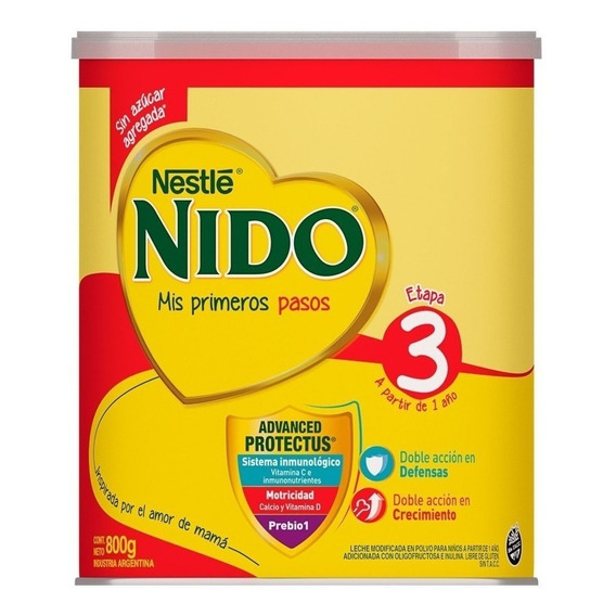 Leche de fórmula en polvo sin TACC Nestlé Nido 3 en lata de 12 de 800g - 12 meses a 3 años