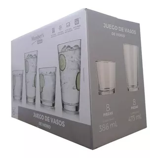 Juego Vasos De Vidrio Lisos 8 Pz 384ml + 8 Pz 473 Ml Color Transparente