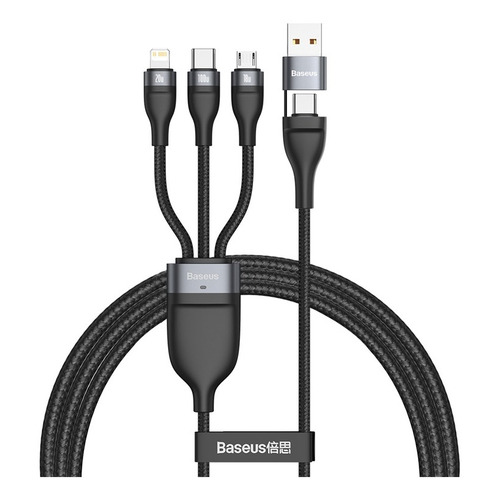 Cable Baseus 3 En 1 Conector Usb C y adaptador USB-A ( Lightning / Micro Usb / Micro USB ) Carga rapida 100W de 1.2 Metros Color Negro y Gris
