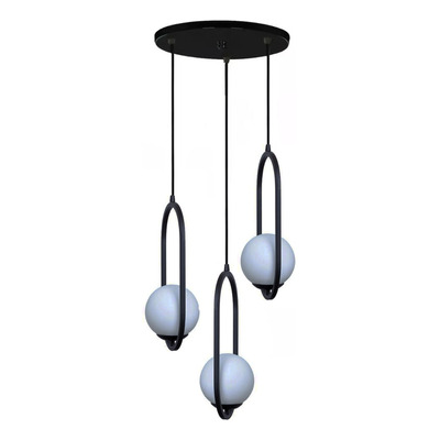 Colgante 3 Luces Marsella Oval Negro Globo Opal Base Redonda