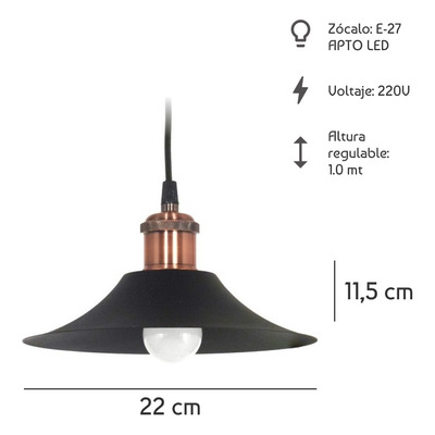 Lampara Colgante 1 Luz Padua E27 Vintage Negro Y Cobre 