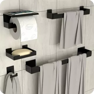 Kit Acessórios Para Banheiro Com Adesivo 5 Peças Preto ELG
