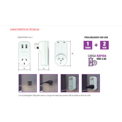 Adaptador Enchufe Prolongador Usb Doble 2.4a Toma Tbcin