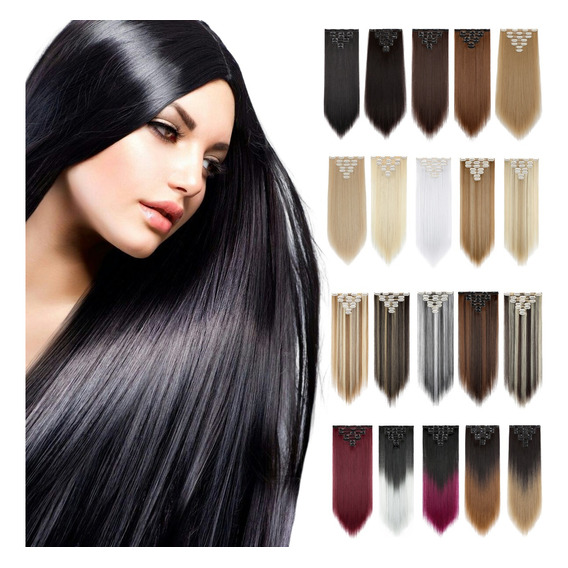 Extensiones Cabello Clip Cortinas Rectas Largas 7 Piezas