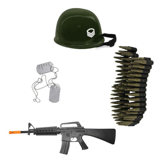 Combo Disfraz Militar Casco Us Fusil Chapa Cinturon De Balas