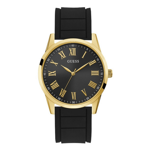 Reloj Hombre Elegante Marca Guess Color De La Correa Negro Color Del Bisel Dorado Color Del Fondo Negro