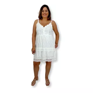 Vestido Branco Curto Alça Indiano Com Renda Algodão 367
