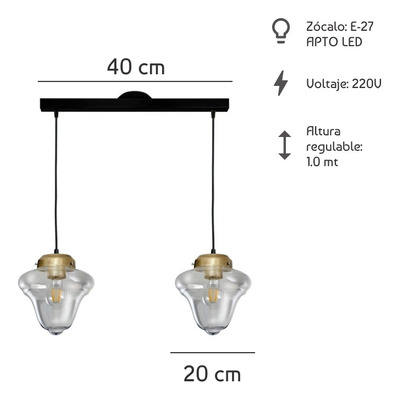 Colgante 2 Luces Rosario Dorado Vintage Deco Apto Led E27