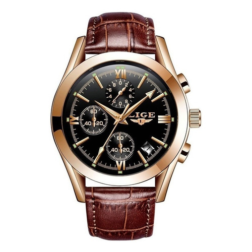 Reloj pulsera Lige LG9839F con correa de cuero color marrón - fondo negro - bisel dorado