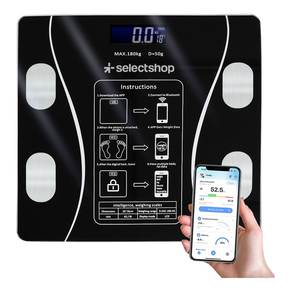 Bascula De Cuerpo Cuadrada Digital Bluetooth Hasta 180 Kg