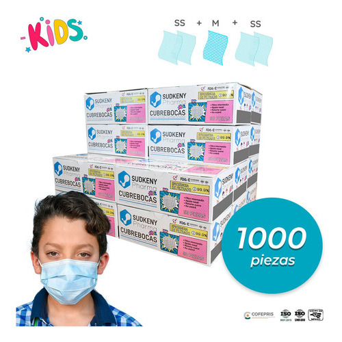 Caja De Cubrebocas Azul Infantil Tricapa 1000 Pzs