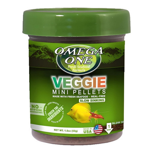 Omega One Veggie Kelp Mini Pellets Slow Sinking 50g Alimento Para Peces Granulo Pequeño 1mm Lento Hundimiento A Base de Salmón Algas Espirulina