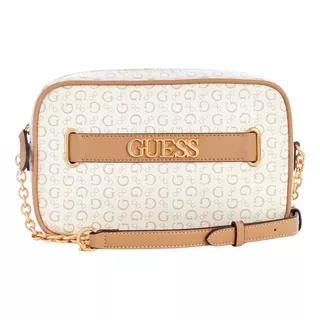 Bolsa Guess Creswell Logo Top Zip Crossbody Acabado De Los Herrajes Dorado Color Blanco Correa De Hombro Marrón Claro Diseño De La Tela Monograma