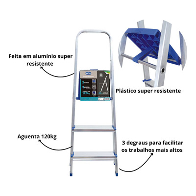 Escada Domestica E Obra 3 Degraus Alumínio Aguenta 120kg Mor