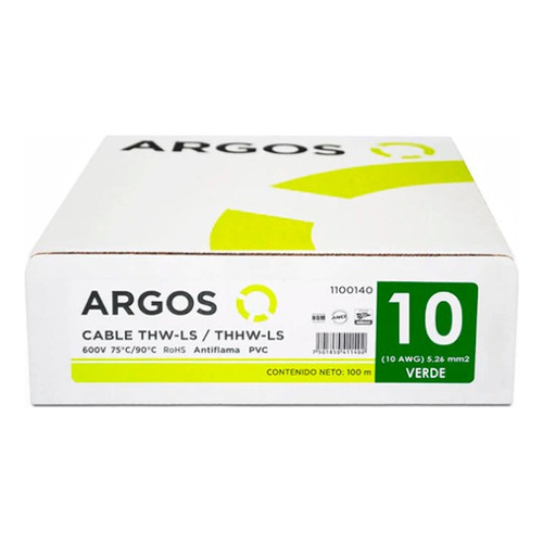 Cable Eléctrico Verde Flexible Calibre 10 Argos 100 Metros