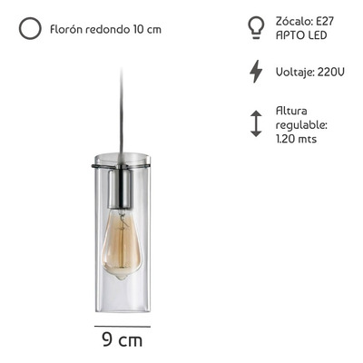 Colgante 1 Luz Cromo Deco Apto Led Cilindro Transparente 