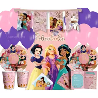Combo Kit Cumpleaños De Princesas Lic. Oficial Para 16 Niños
