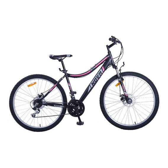Mountain bike femenina Kova Alpes R27.5 21v cambios Shimano color negro/rosa con pie de apoyo