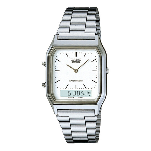 Reloj de pulsera Casio AQ-230 de cuerpo color plateado, analógico-digital, fondo blanco y gris, con correa de acero inoxidable color plateado, agujas color plateado, dial negro y plateado, minutero/segundero negro, bisel color gris