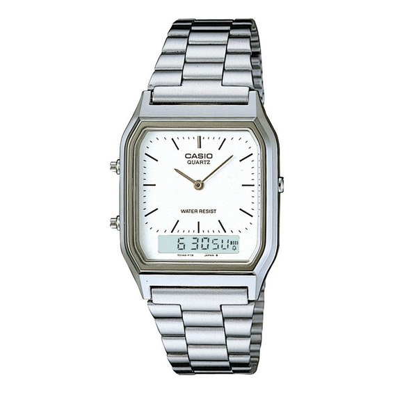 Reloj de pulsera Casio AQ-230 de cuerpo color plateado, analógico-digital, fondo blanco y gris, con correa de acero inoxidable color plateado, agujas color plateado, dial negro y plateado, minutero/se