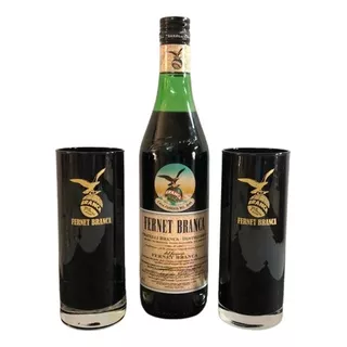 Set 2 Vasos Fernet Negro Logo Dorado En Caja Para Regalo