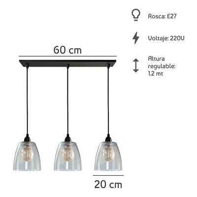 Colgante 3 Luces Vidrio Transparente Negro Vintage Apto Led