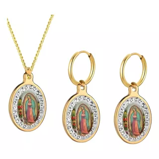 Set Collar + Aretes  Virgen Guadalupe Enchape De Oro 18 K  
