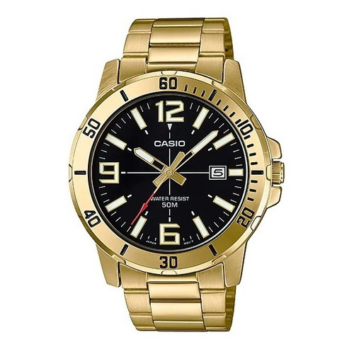 Reloj Casio Mtp-vd01g-1bv Para Caballero Time Square Color De La Correa Dorado Color Del Fondo Negro