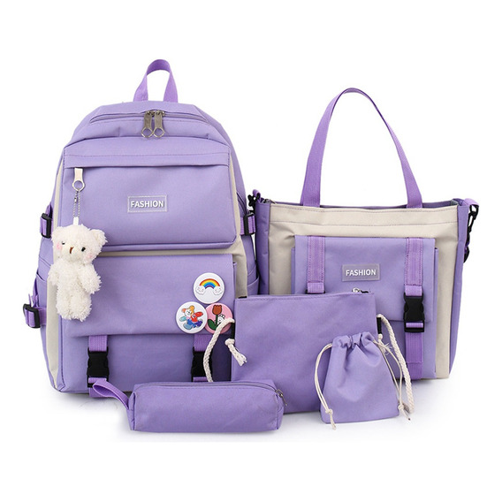 Set 5 Mochila Bolsas Escolar Estudiante Lapicera Tote Lona Color Violeta