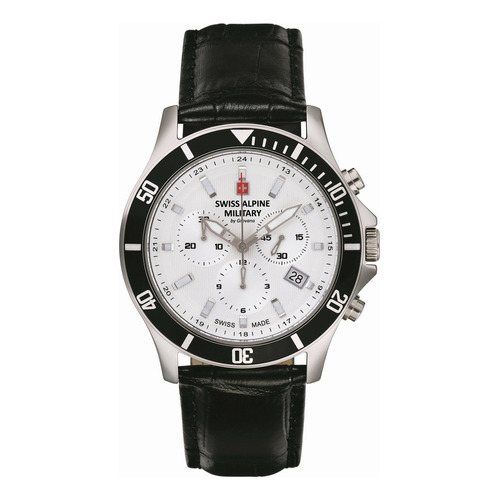 Reloj Swiss Alpine Military Challenger Chrono 7022.9532sam Malla Negro Bisel Negro Fondo Plateado