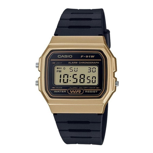 Reloj pulsera Casio Collection F-91WG-9QDF-SC de cuerpo color dorado, digital, para hombre, fondo dorado, con correa de resina color negro, dial negro, minutero/segundero negro, bisel color negro y hebilla simple