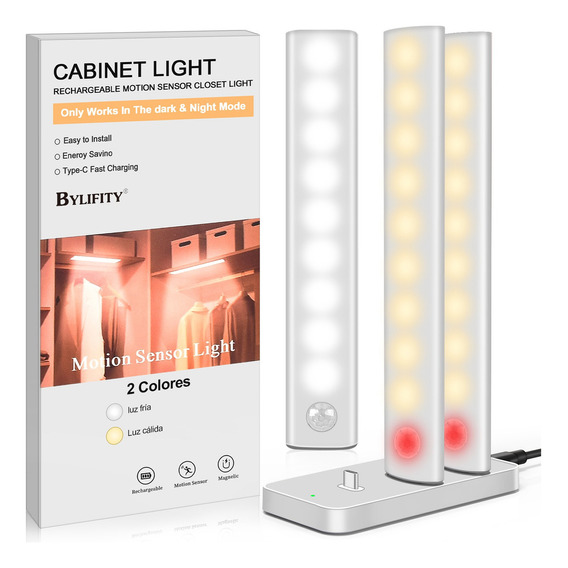 3pcs Lamparas De Pared Con Estación De Carga Bylifity Luz LED De Emergencia Recargable Con Sensor Movimiento Magnéticas Táctil de 2 Colores（Luz blanca + luz cálida)