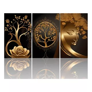 Quadros Decorativos Árvore Da Vida Gold Mulher Ouro Sala Hd