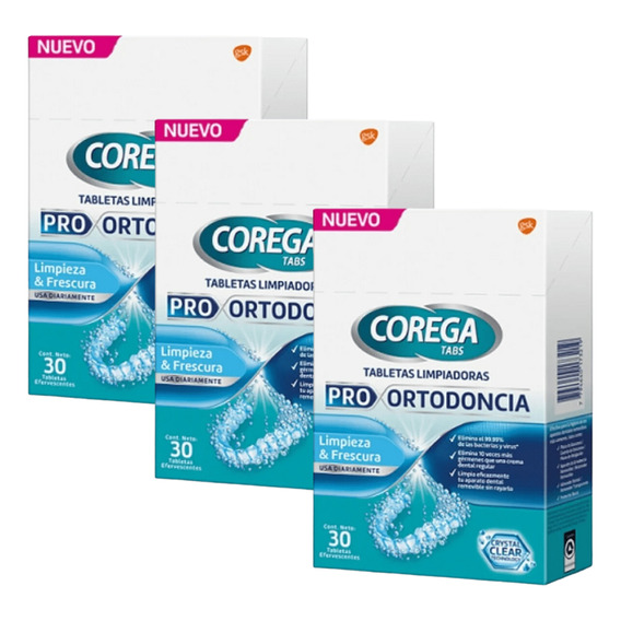 Pack X3 Corega Tabletas Limpiadoras Pro Ortodoncia 30 Ud