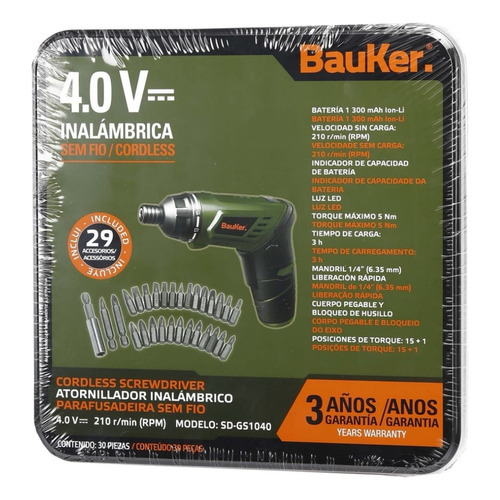 Bauker Atornillador Inalámbrico 4v + 29 Accesorios Color Con Cargador USB 220V