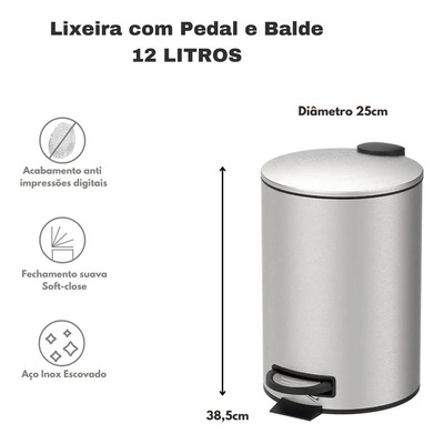 Lixeira Inox Com Pedal Balde Removível Spin 12 Litros Brinox