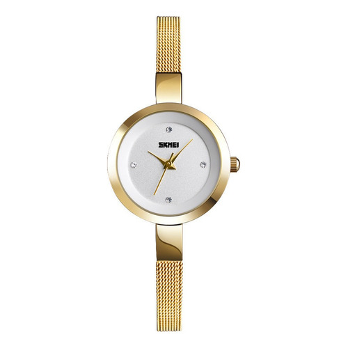 Reloj Mujer Skmei 1390 Acero Minimalista Elegante Clasico Color de la malla Dorado Color del fondo Blanco