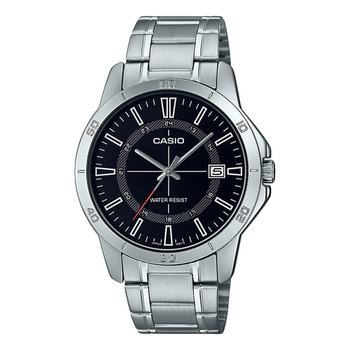 Reloj pulsera Casio MTP-V004D-1CUDF, analógica, para hombre, fondo negro, con correa de acero inoxidable color plateado, bisel color plateado y desplegable