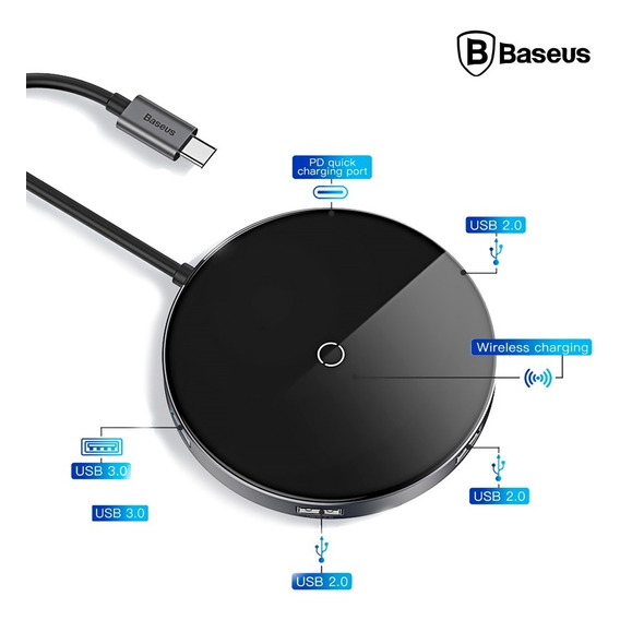 Baseus Adaptador Hub 3.0 Usb-c + Cargador Wireless 5 Puertos