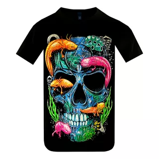 Playera Calavera Ajolotes Efecto Neón Con Luz Negra