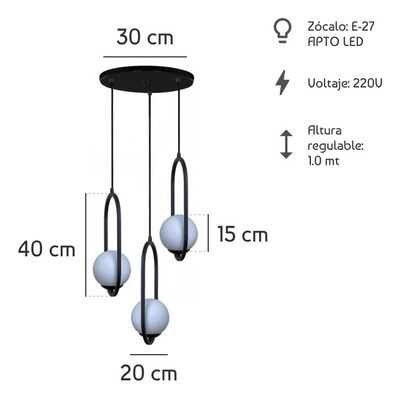 Colgante 3 Luces Marsella Oval Negro Globo Opal Base Redonda