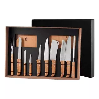 Kit Churrasco Inox 12 Peças Caixa 02 Tábuas Bambu 37cm 31cm