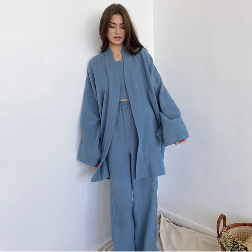 Conjunto De Pijama Suelto De Algodón De Color Liso Para Muje 