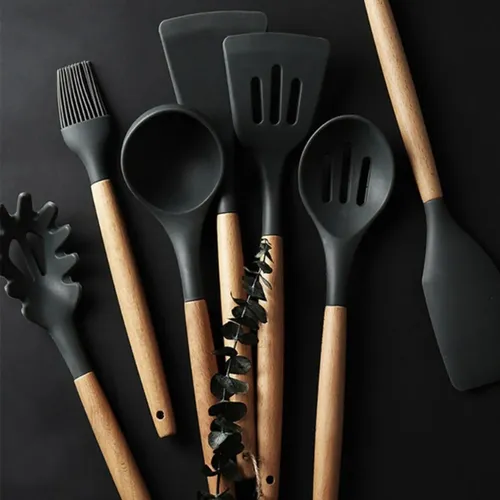 Kit Utensílios Cozinha 12 Peças Silicone Antiaderente Preto Cor Preto | Parcelamento sem juros